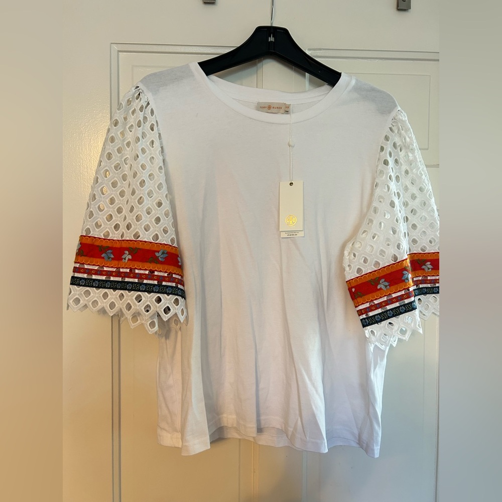 Tory Burch White Top with Orange Embroidered Sleeves
